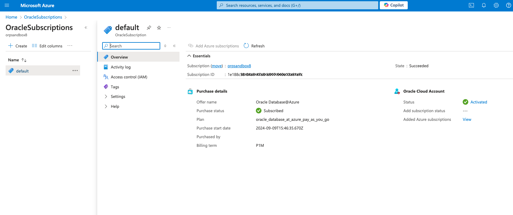 Clique para expandir Uma imagem do portal do Azure mostrando a página de recursos do OracleSubscription.