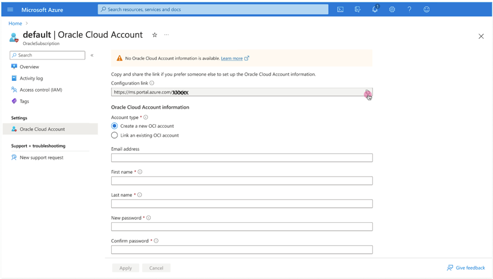 Clique para expandir Uma imagem do portal do Azure mostrando a nova configuração de administrador da conta.