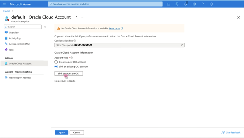 Clique para expandir Uma imagem do portal do Azure mostrando a página de compra da Oracle com a opção de usar uma conta do OCI existente selecionada.