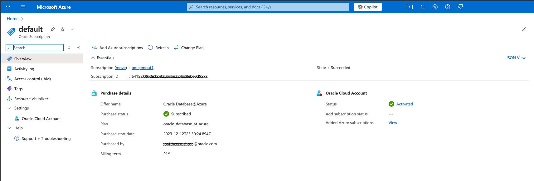 Clique para expandir Uma imagem do portal do Azure mostrando a página de compra da Oracle com o status da conta do Oracle Cloud definido como "Validado".