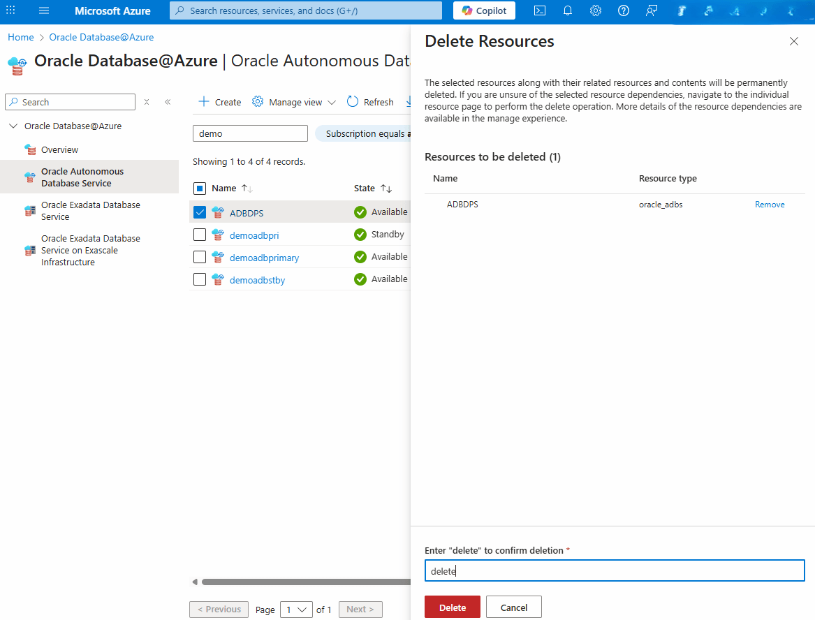 This screenshot shows how to delete an Autonomous AI Database. This screenshot shows how to delete an Autonomous AI Database.