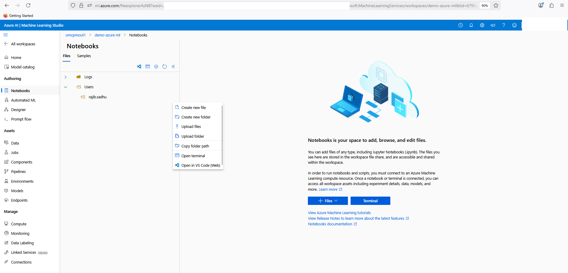 Esta captura de tela mostra como criar um notebook no Azure Machine Learning.