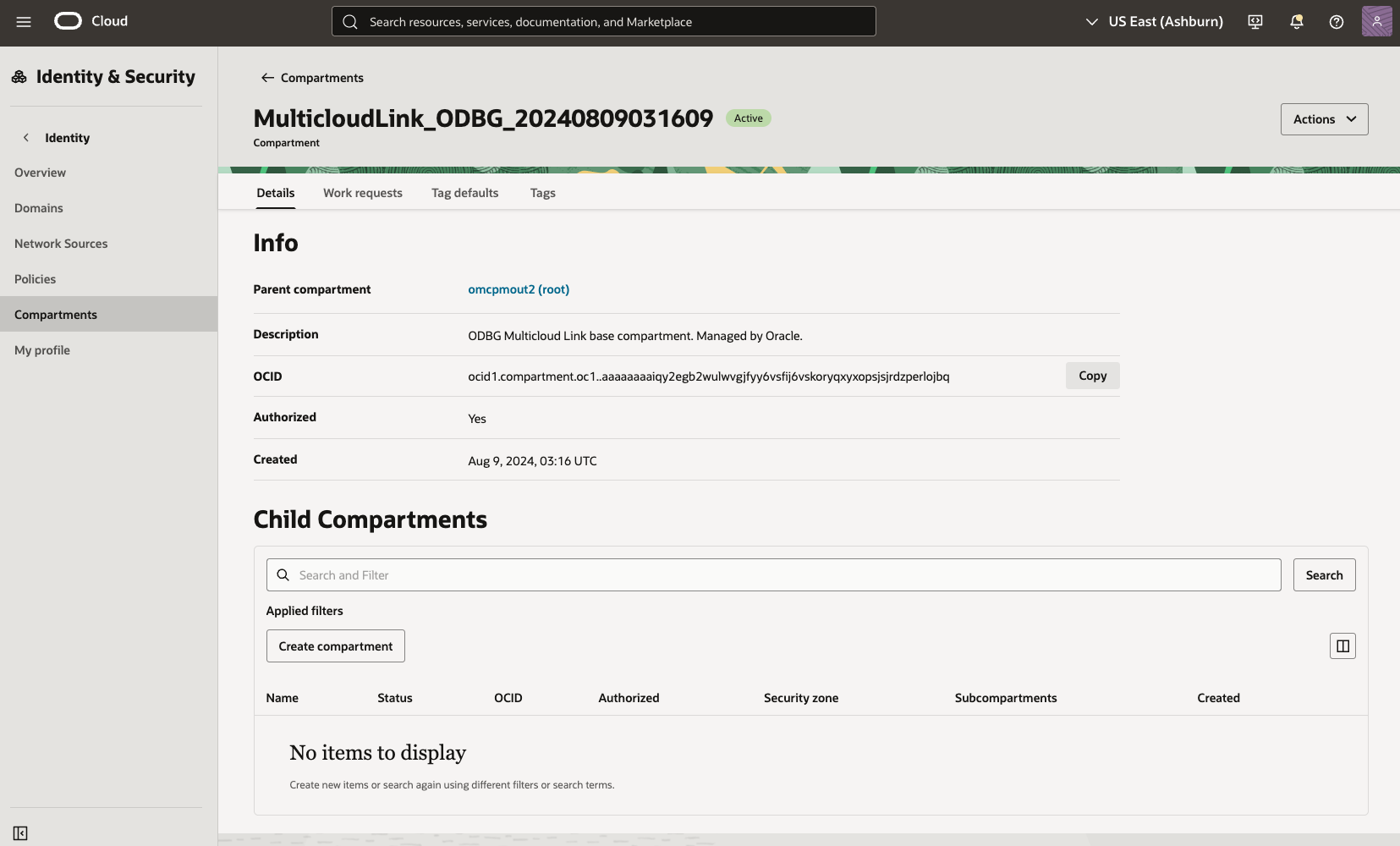 Clique para expandir Exemplo de página de detalhes do compartimento.