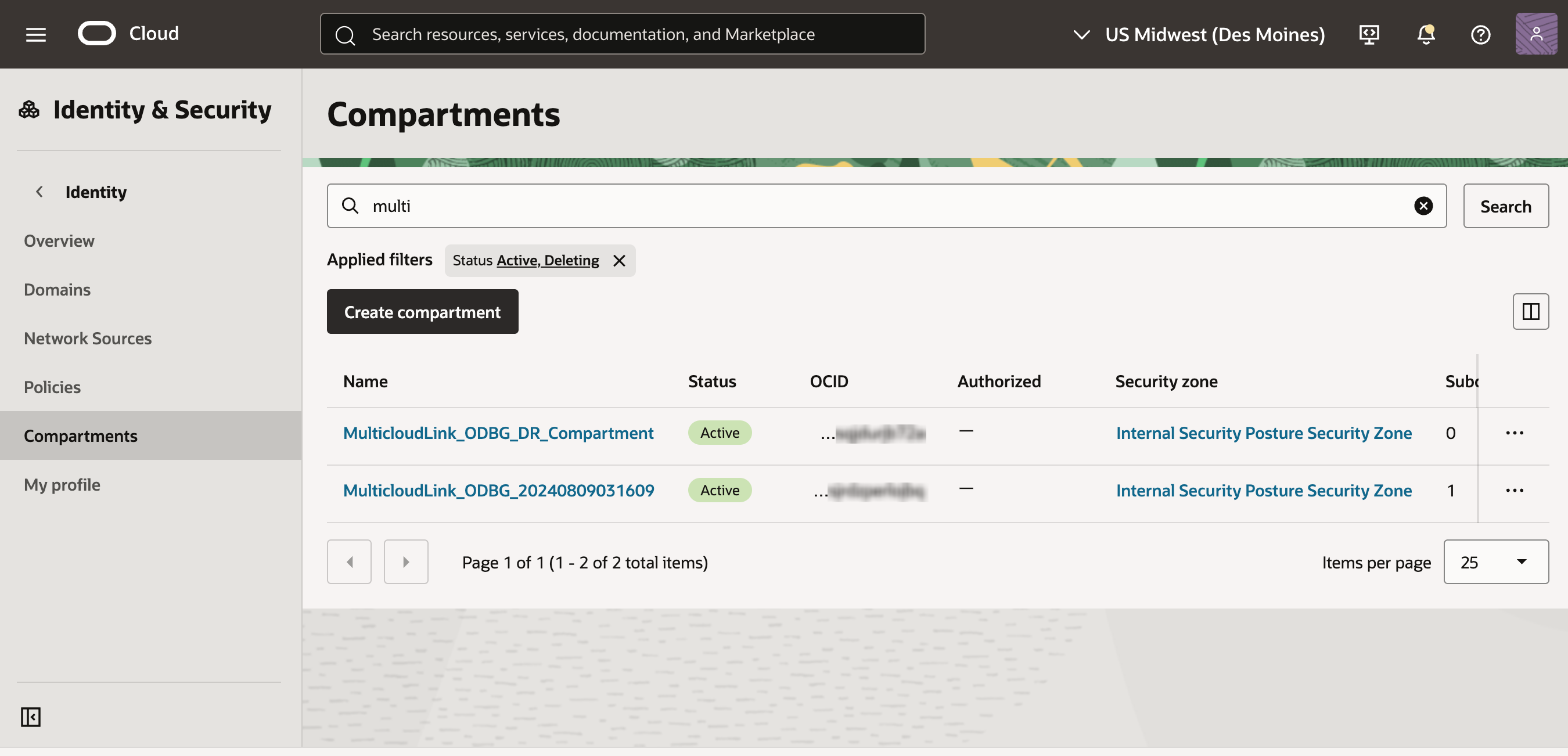 Clique para expandir Compartimentos multicloud da OCI