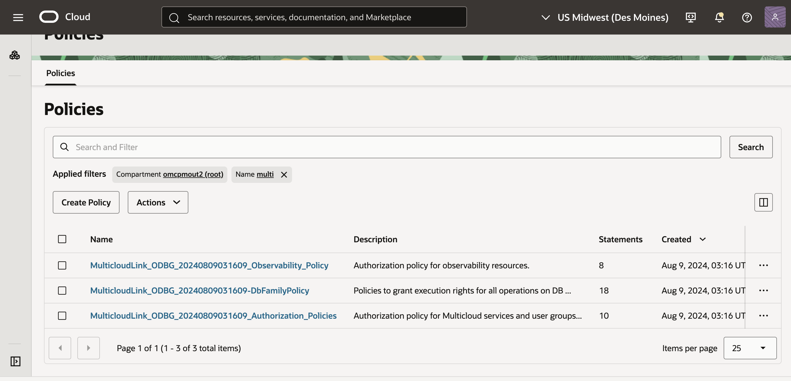 Clique para expandir Políticas multicloud da OCI