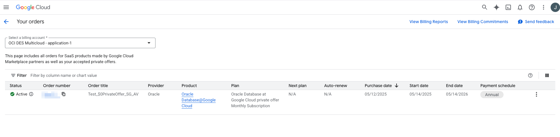 Clique para expandir Exemplo do pedido do produto Oracle AI Database@Google Cloud.