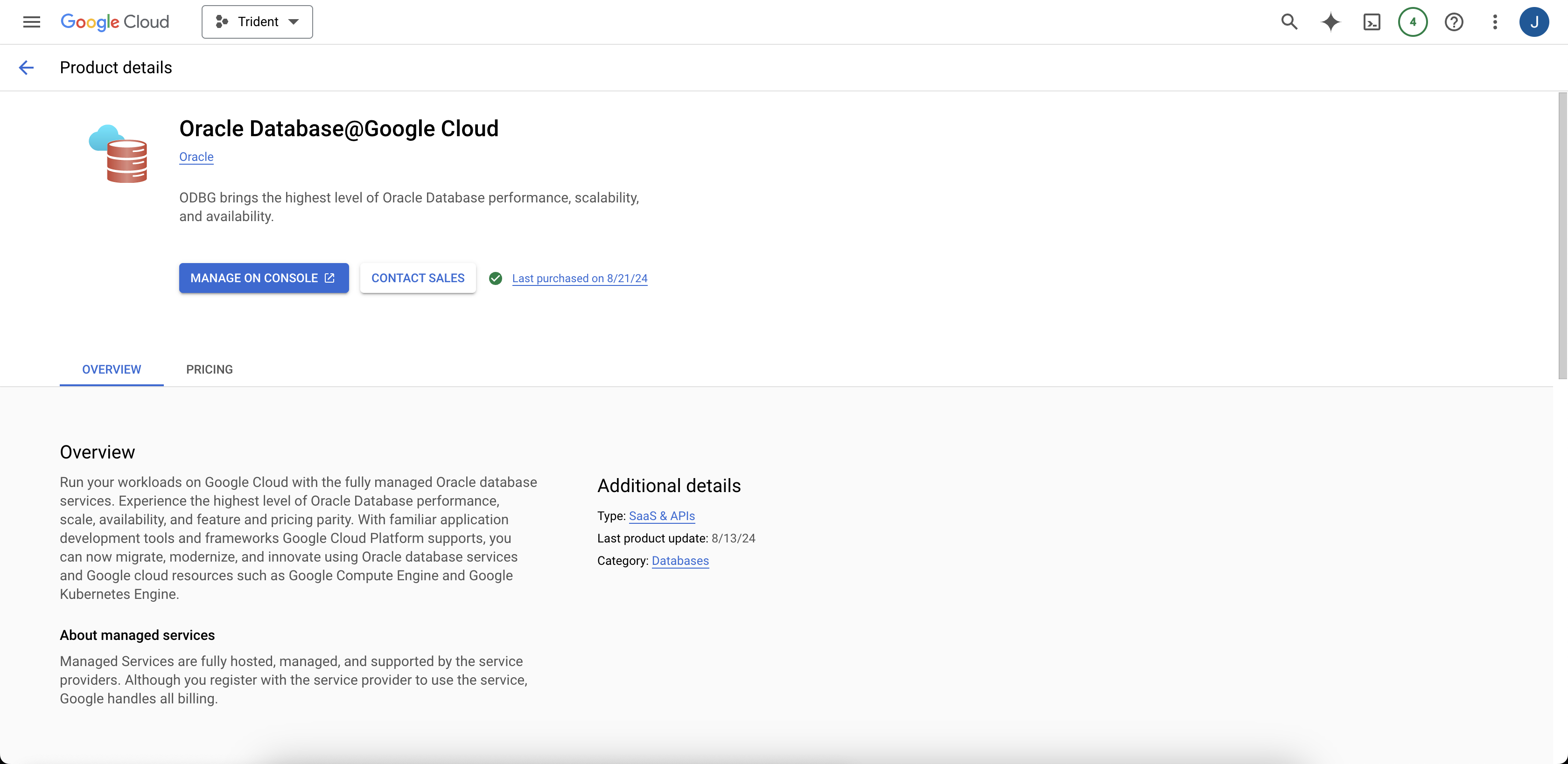 Clique para expandir Uma imagem da página de detalhes do produto Oracle AI Database@Google Cloud no Google Cloud Marketplace.