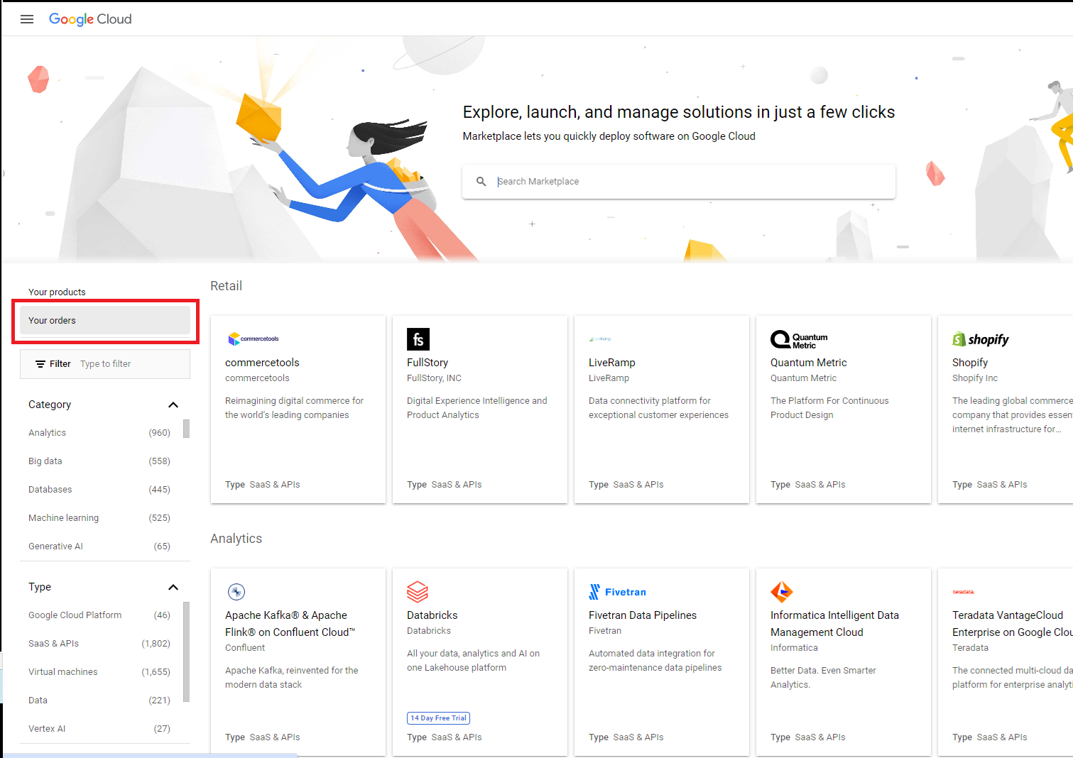 Clique para expandir Uma imagem do menu de navegação do Google Cloud Marketplace.