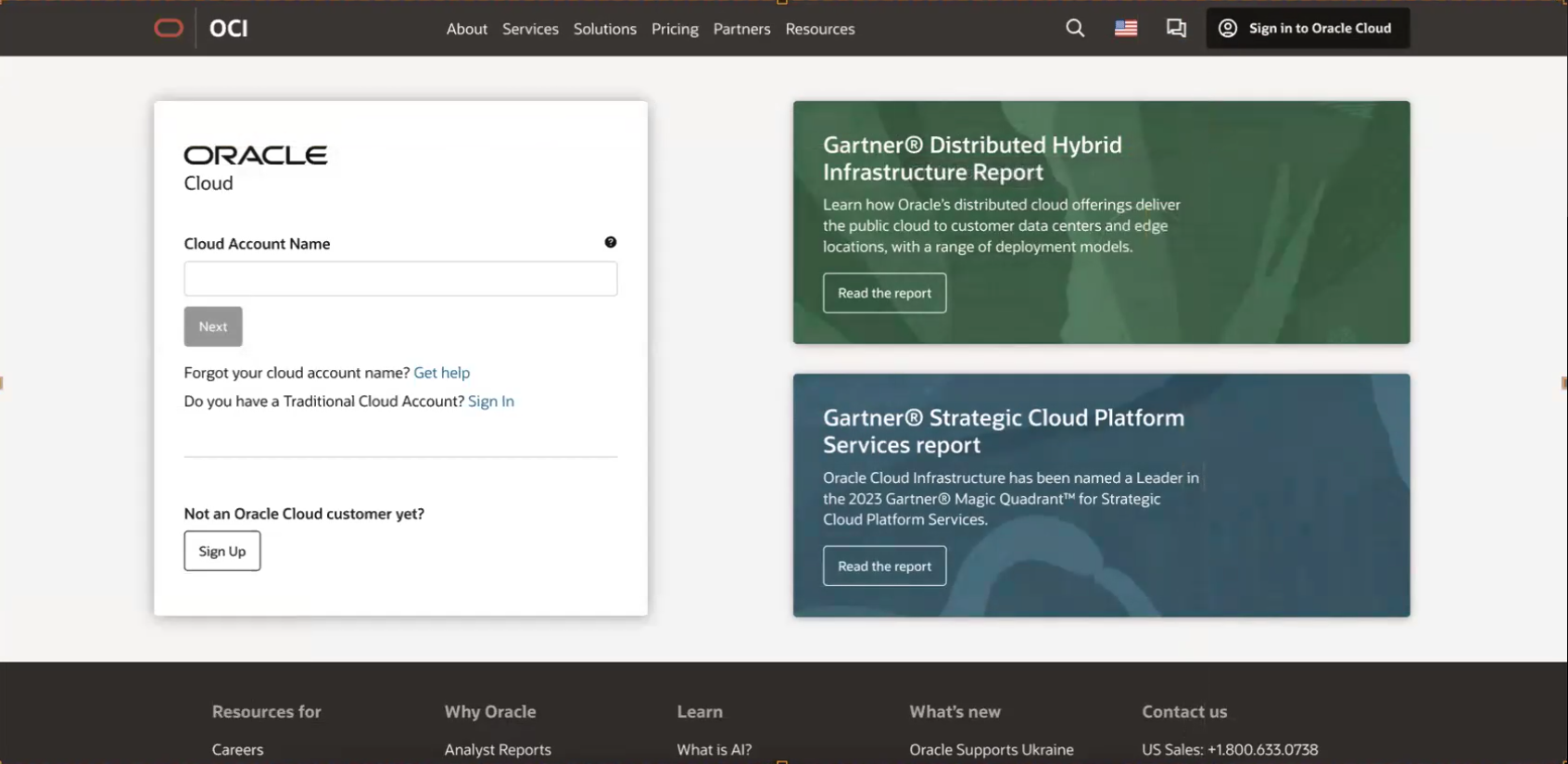 Clique para expandir Uma imagem da tela de acesso da conta do OCI Cloud.