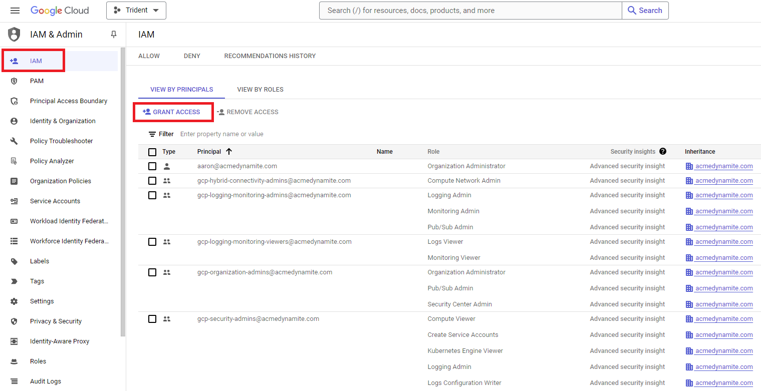 Clique para expandir Uma imagem da tela Conceder acesso na seção IAM do console do Google Cloud.