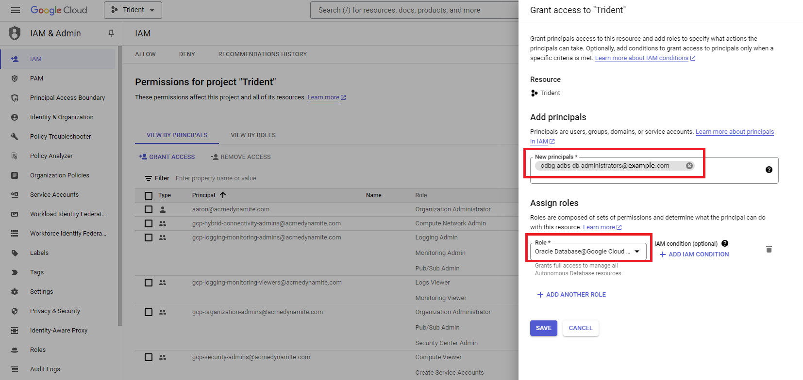 Clique para expandir Imagem da caixa de diálogo "Conceder acesso" no Google Cloud IAM.