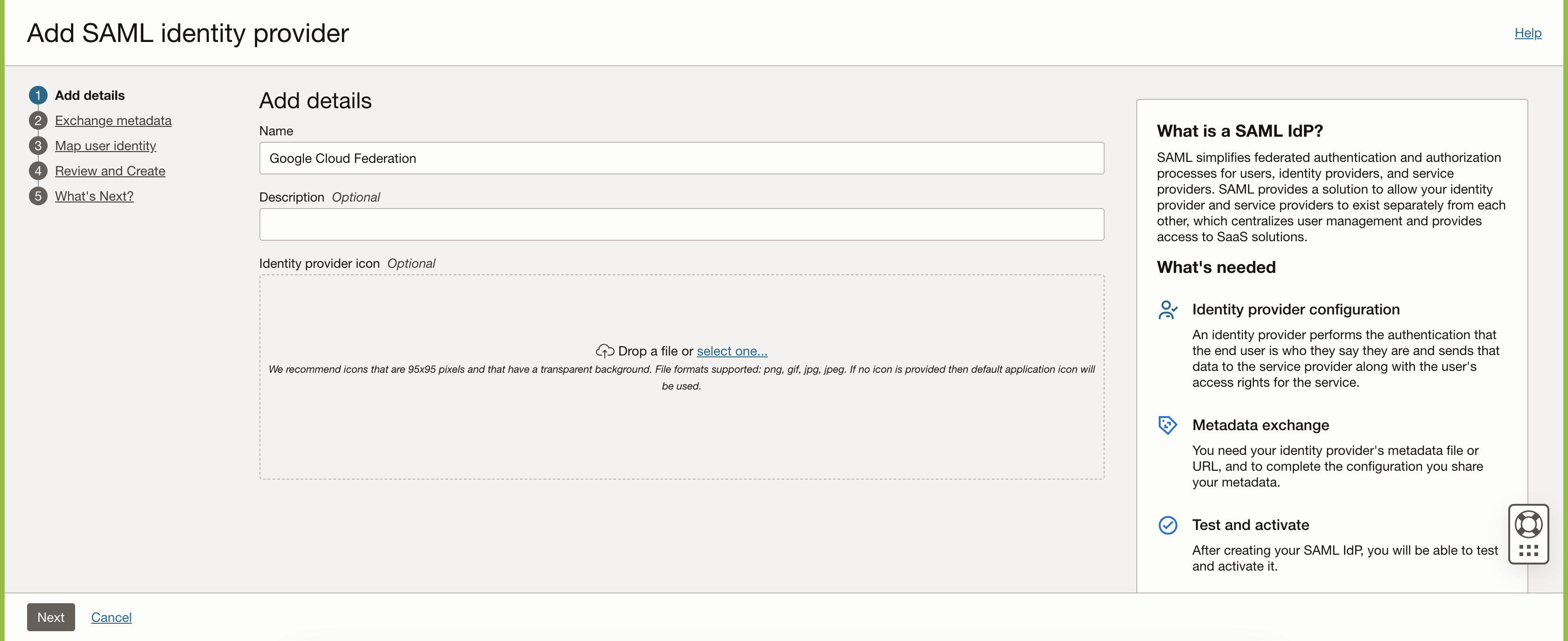 Clique para expandir Uma imagem da Console do Oracle Cloud mostrando a tela Adicionar provedor de identidades SAML.