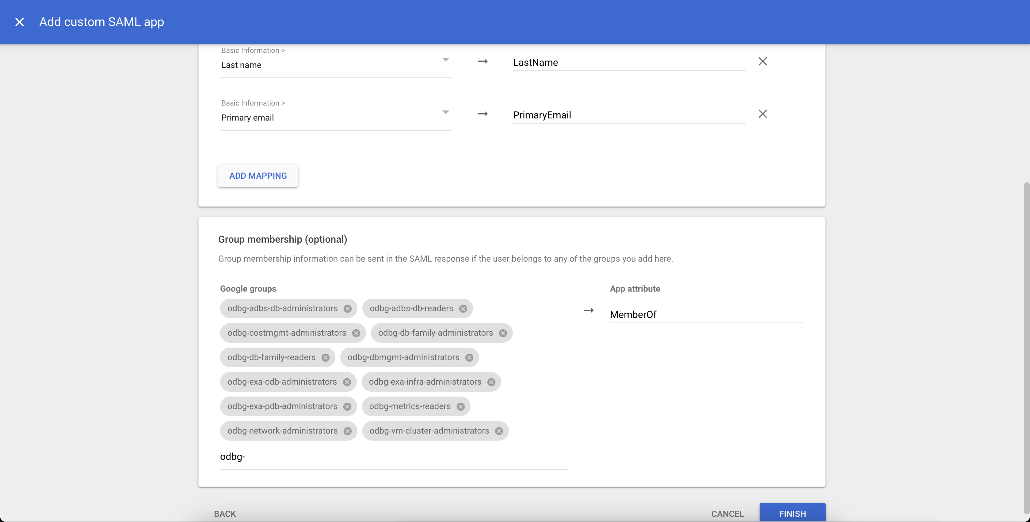 Clique para expandir Uma imagem das atribuições rbac de associação do Grupo de Console de administração do Google Cloud.