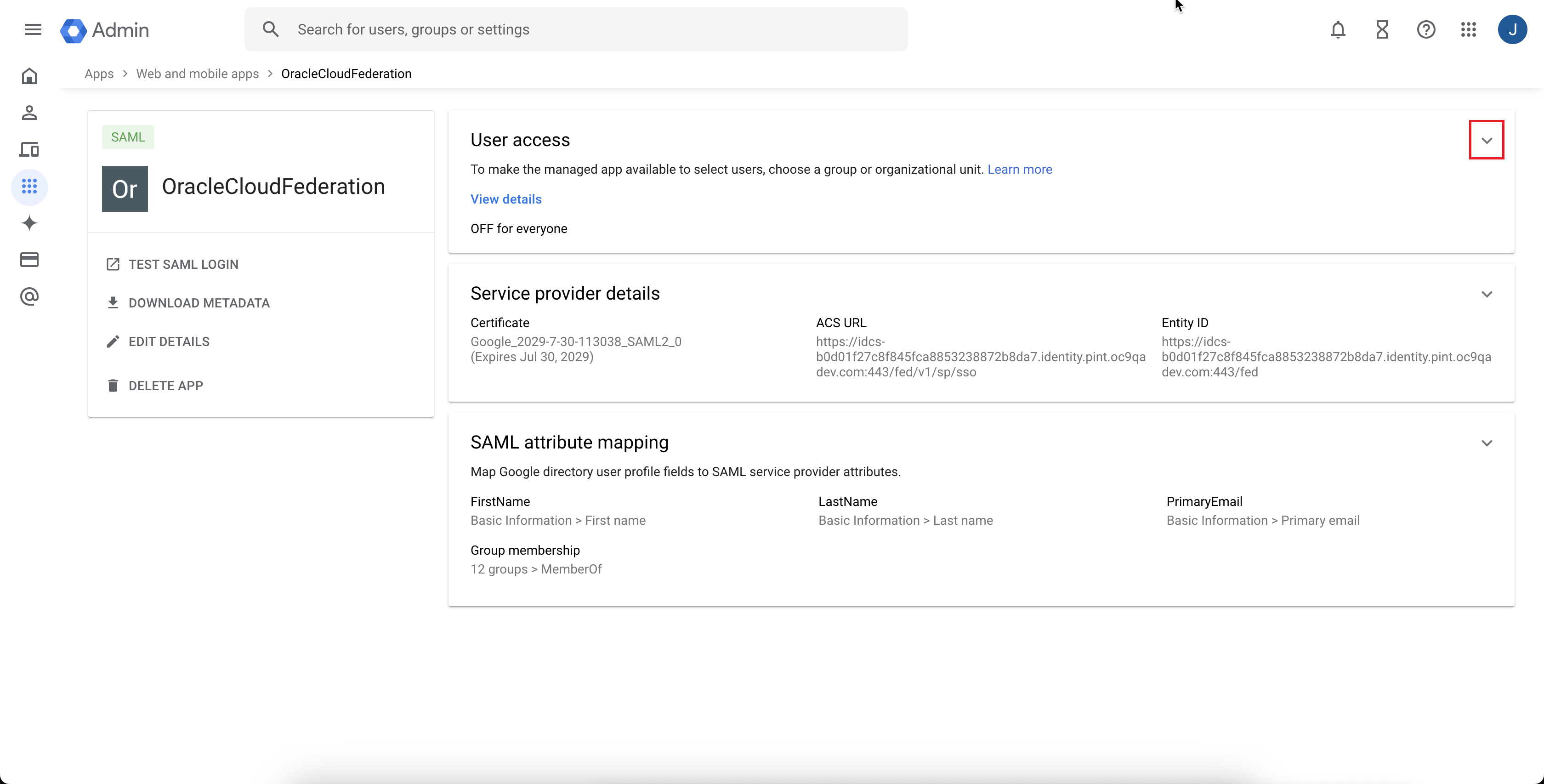 Clique para expandir Uma imagem da página de detalhes do aplicativo SAML do Console de administração do Google Cloud.
