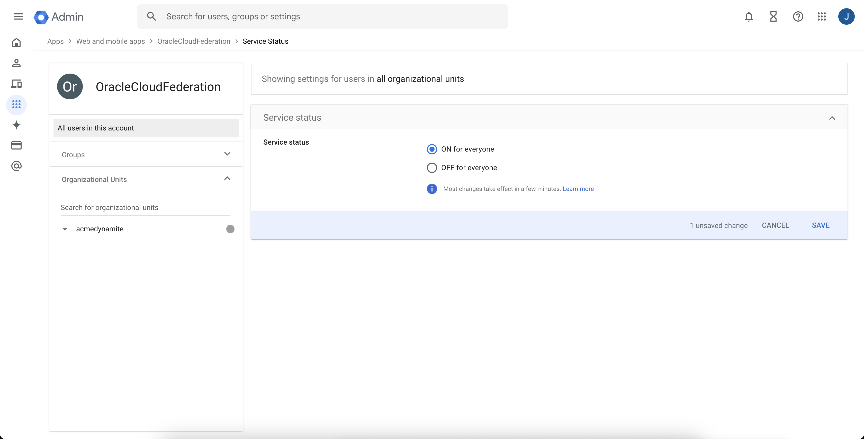 Clique para expandir Uma imagem da página de status do Serviço do aplicativo SAML do Console de administração do Google Cloud.