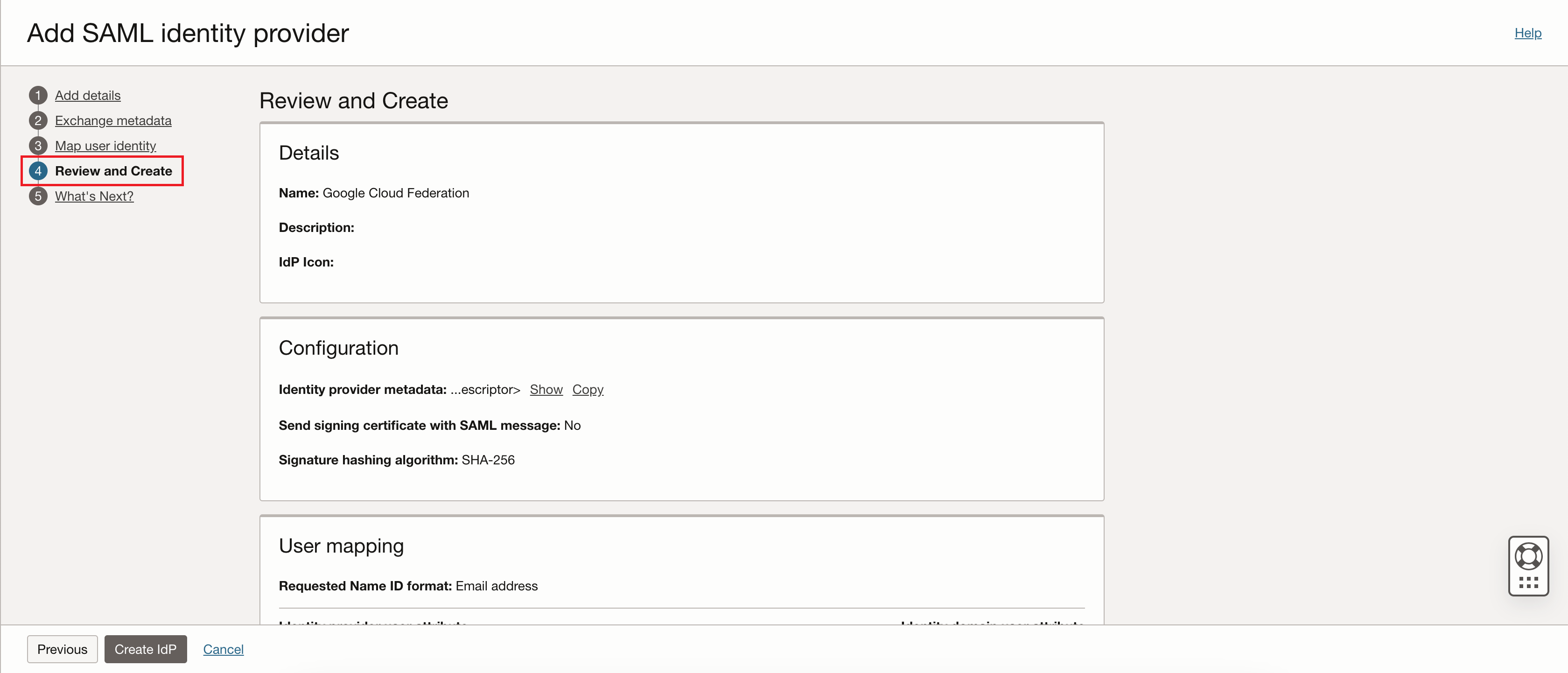 Clique para expandir Uma imagem da Console do Oracle Cloud mostrando a página Revisar e Criar do fluxo de trabalho Adicionar provedor de identidades SAML.