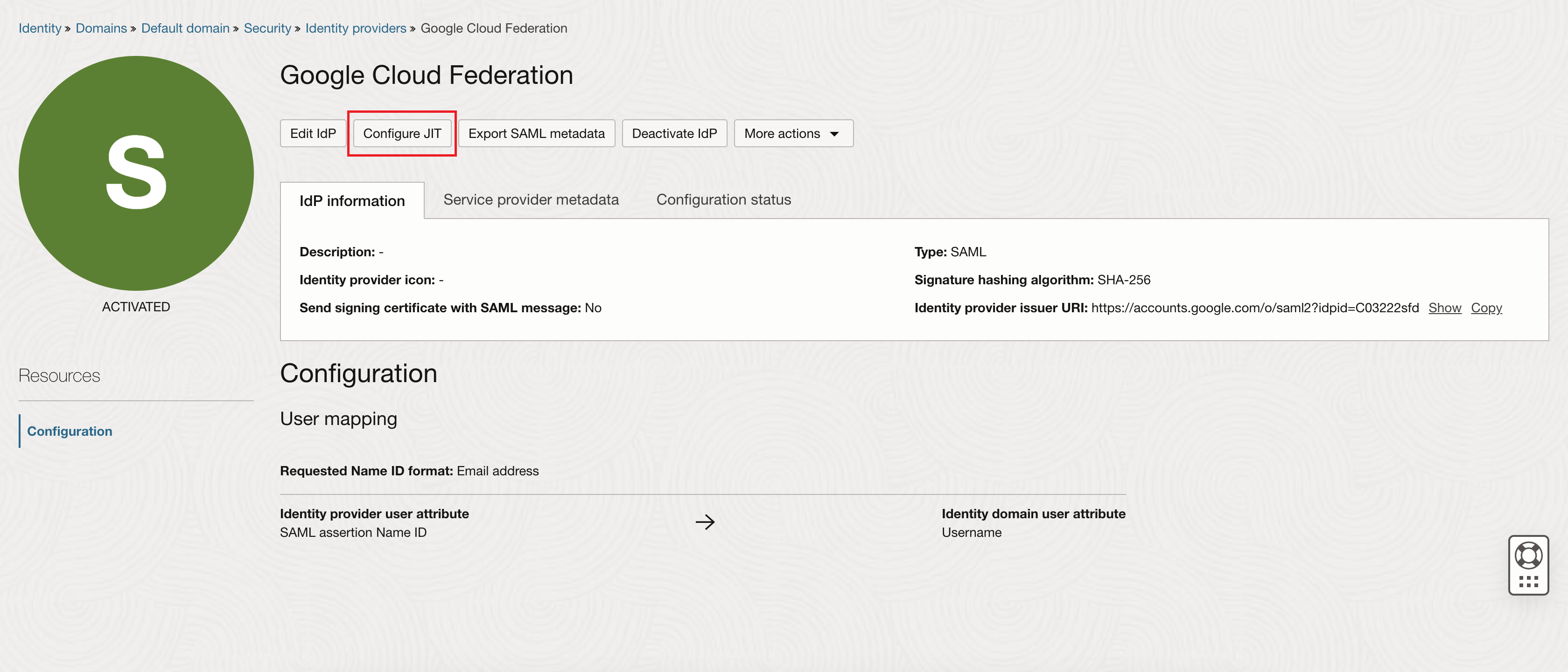 Clique para expandir Uma imagem da página de detalhes do provedor de identidades do Google Cloud Federation na Console do Oracle Cloud.
