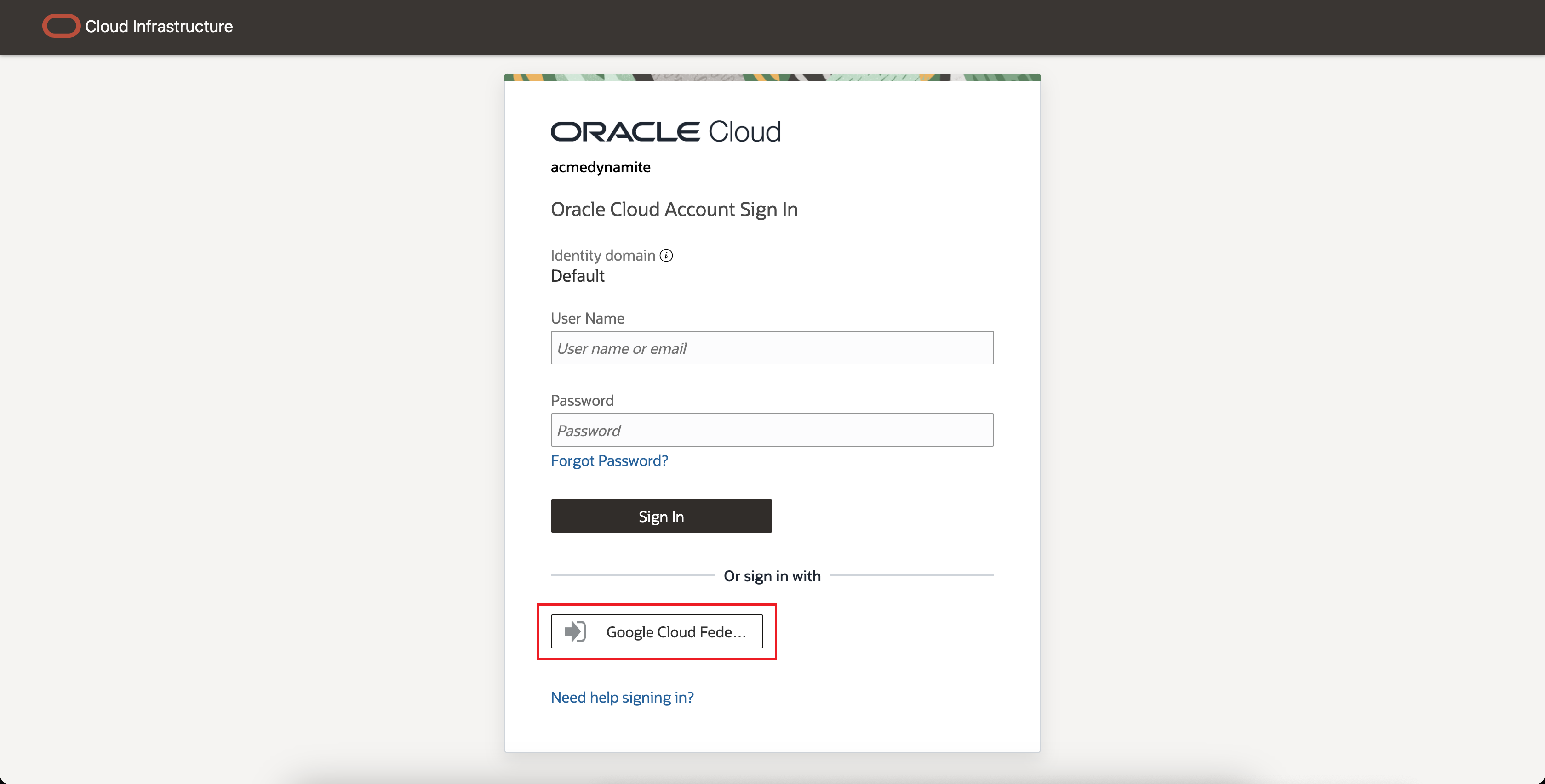 Clique para expandir Uma imagem da página de acesso do Oracle Cloud Console que oferece a opção de acesso com a Federação do Google Cloud.