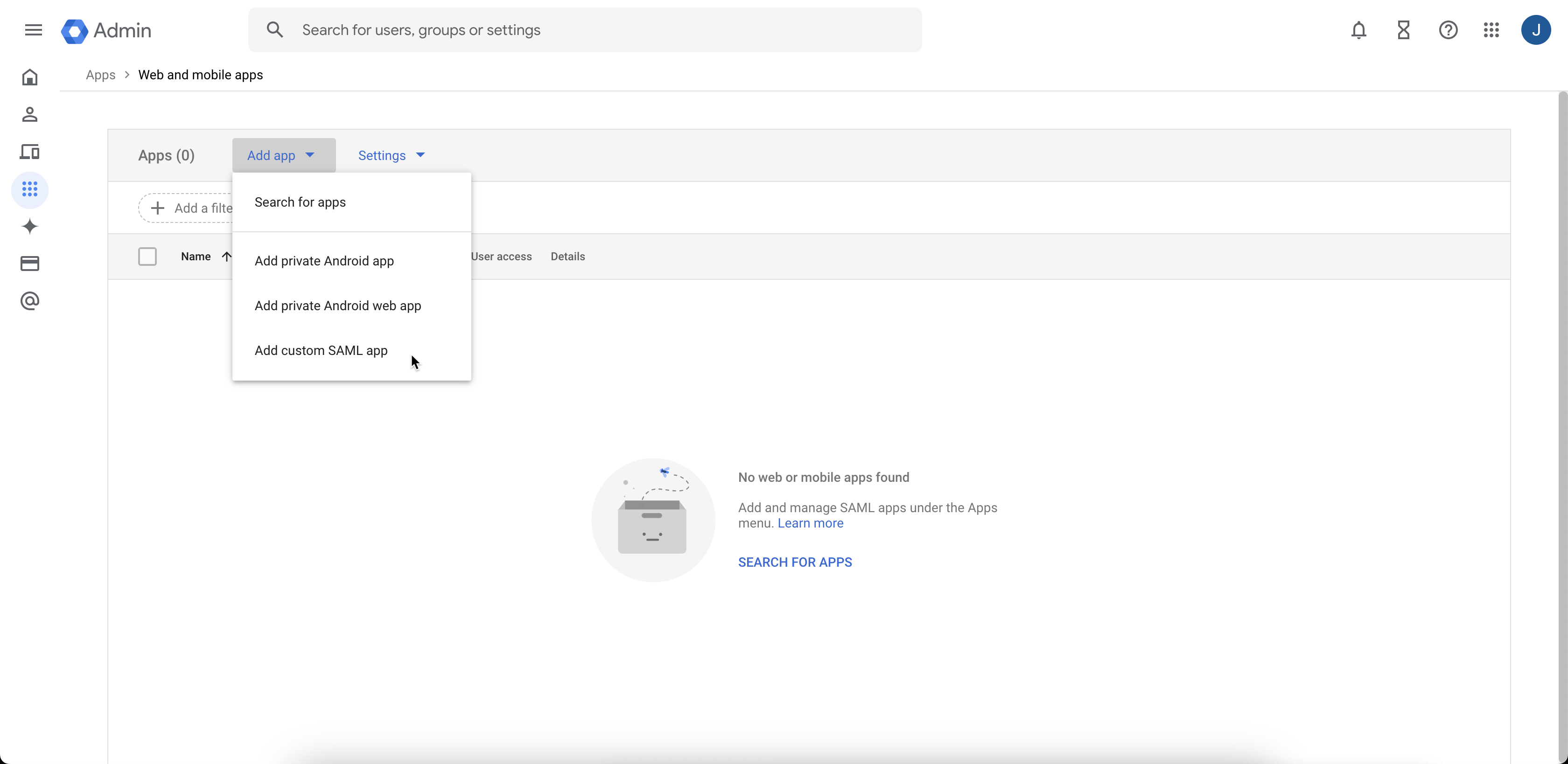 Clique para expandir Uma imagem da seleção de menu Adicionar aplicativo SAML personalizado.