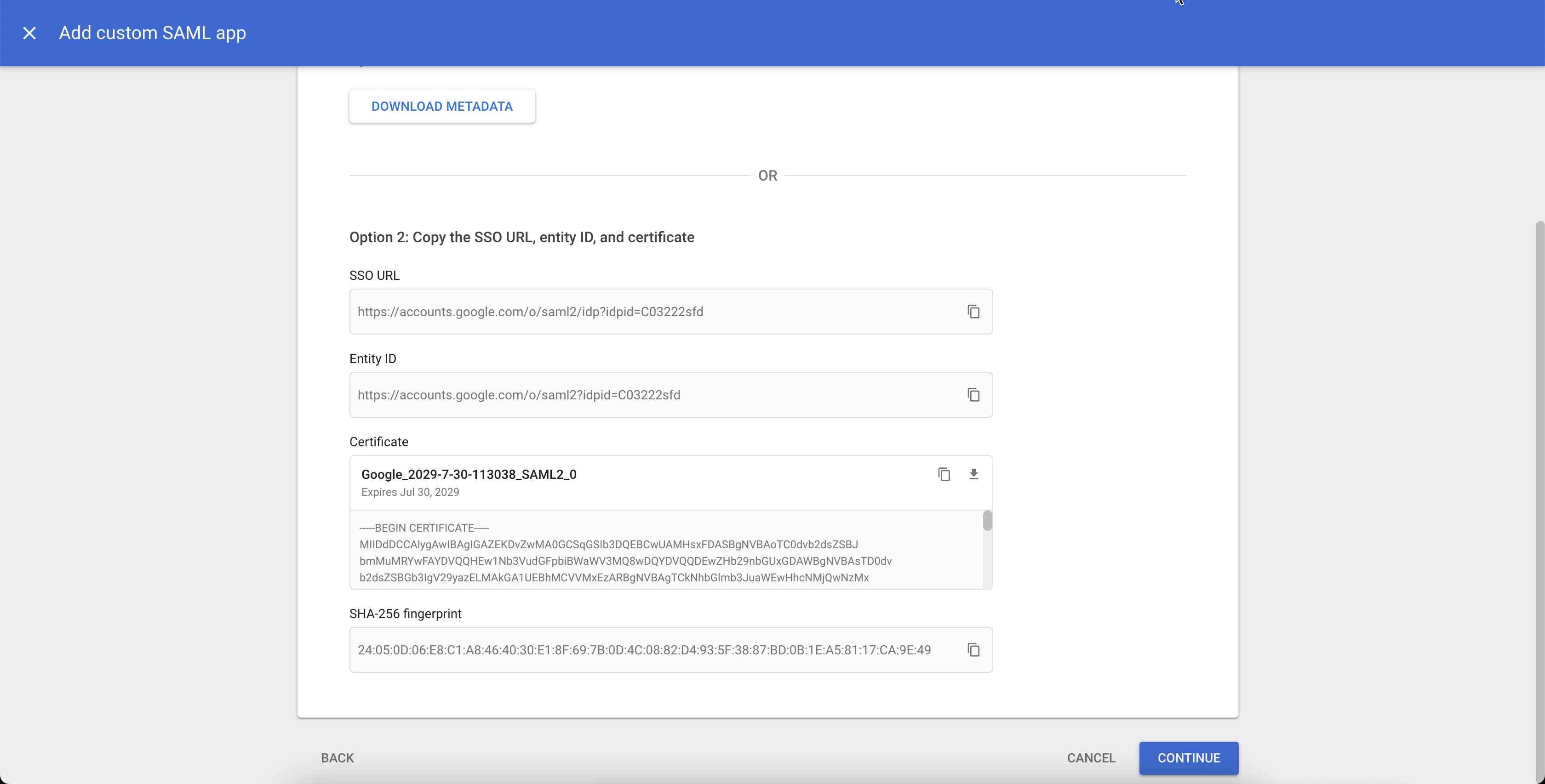 Clique para expandir Uma imagem da tela de download de metadados IdP na Console de administração do Google Cloud.