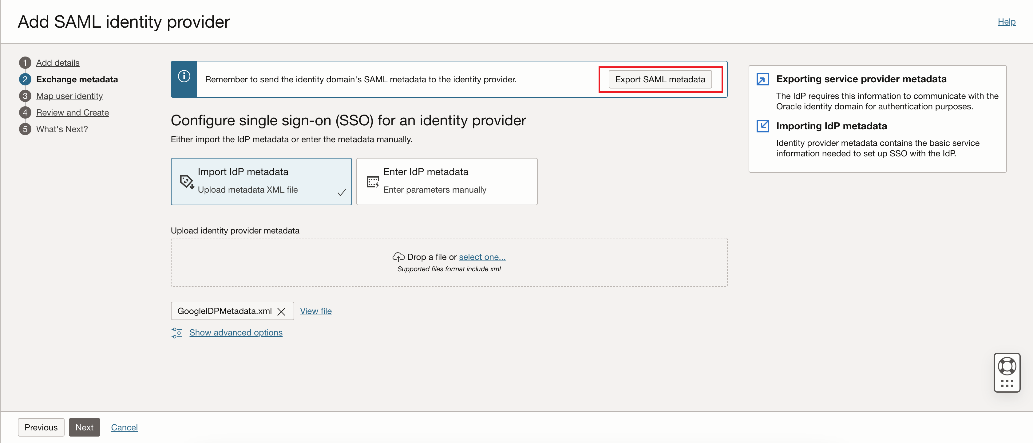 Clique para expandir Uma imagem da página Adicionar provedor de identidades SAML da Console do Oracle Cloud.