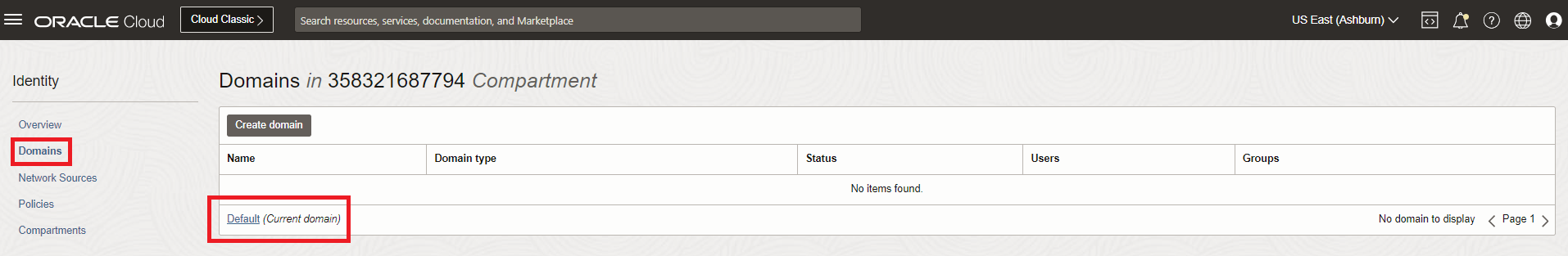 Clique para expandir Uma imagem da view de lista da Console do Oracle Cloud para domínios de Identidades.