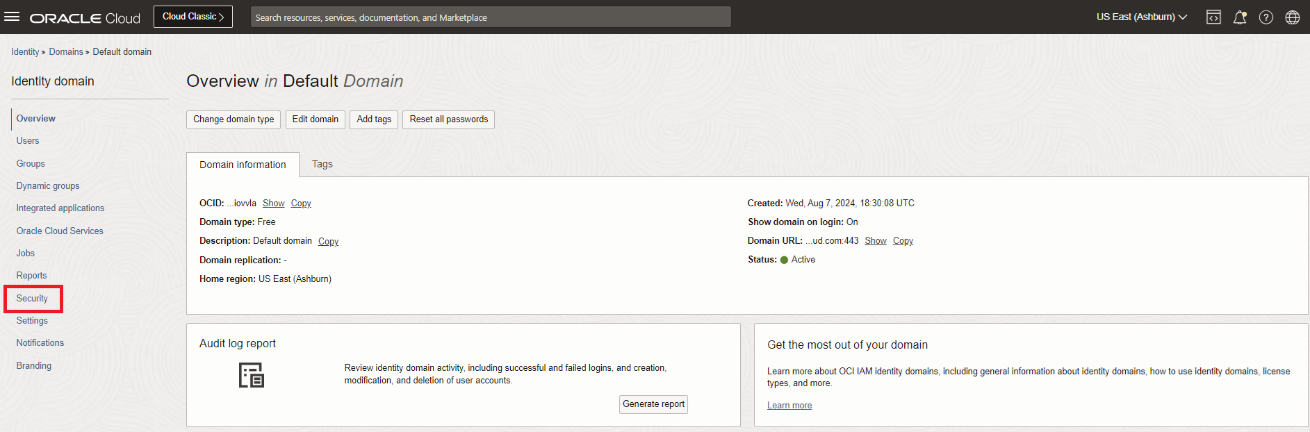 Clique para expandir Uma imagem mostrando a página Segurança do Domínio de Identidades na Console do Oracle Cloud.