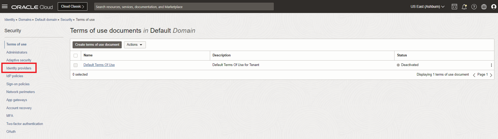 Clique para expandir Uma imagem da página de segurança Domínio na Console do Oracle Cloud.