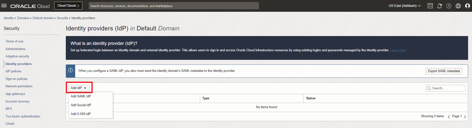 Clique para expandir Uma imagem da Console do Oracle Cloud mostrando a página Provedores de Identidades e a seleção da operação Adicionar SAML IdP.