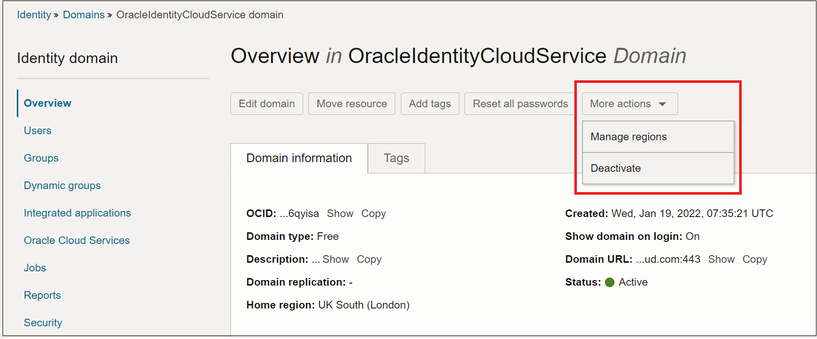 Página de visão geral do domínio mostrando a opção de menu Gerenciar regiões