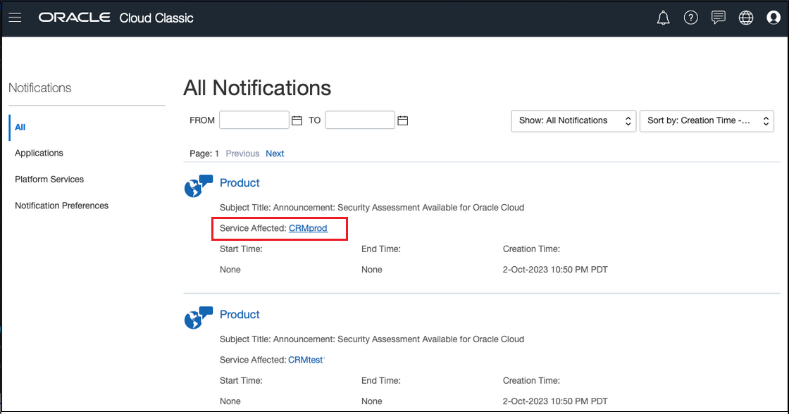 Captura de tela mostrando a lista de notificações