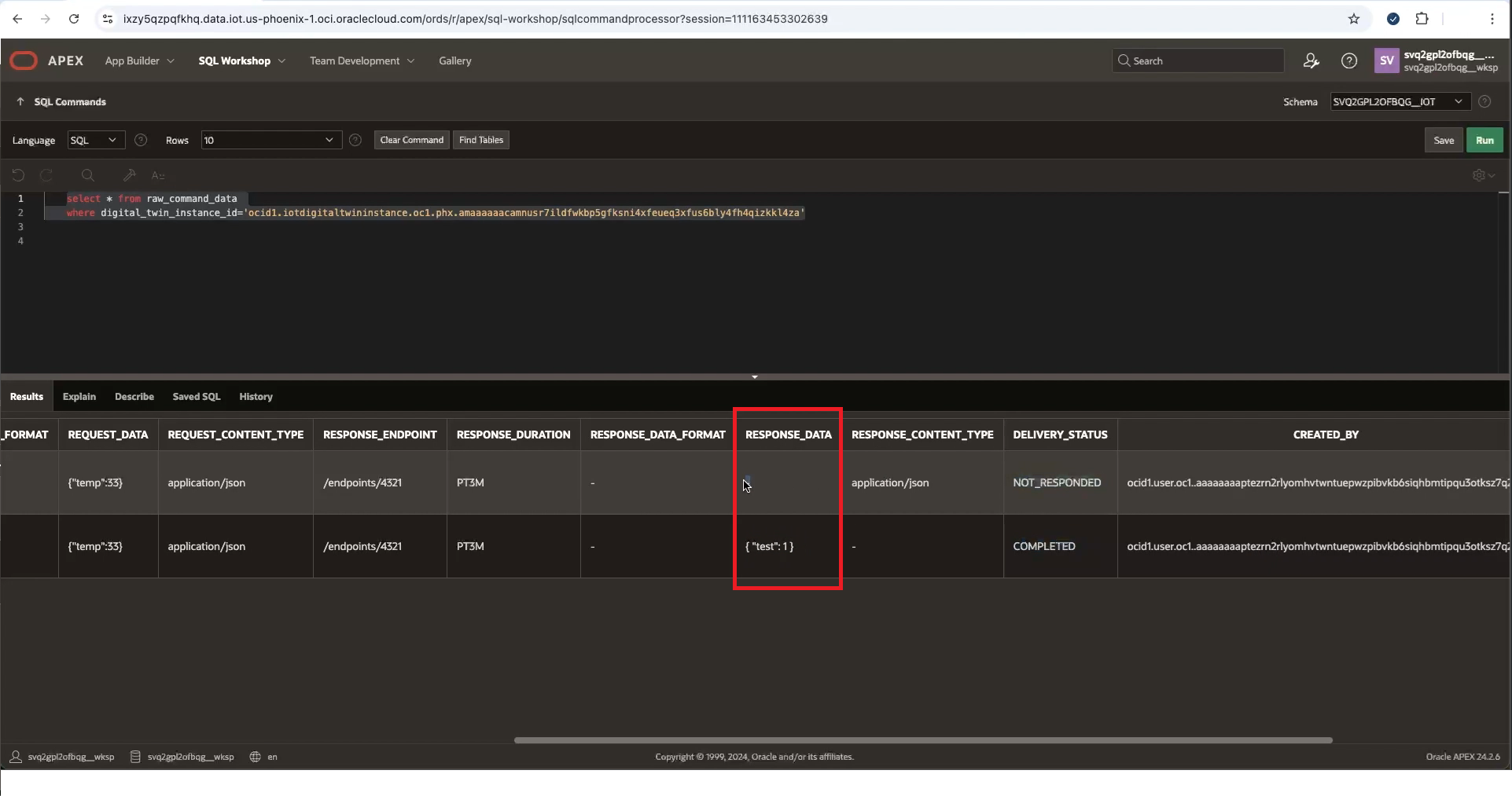Exiba os dados de resposta do dispositivo no APEX.