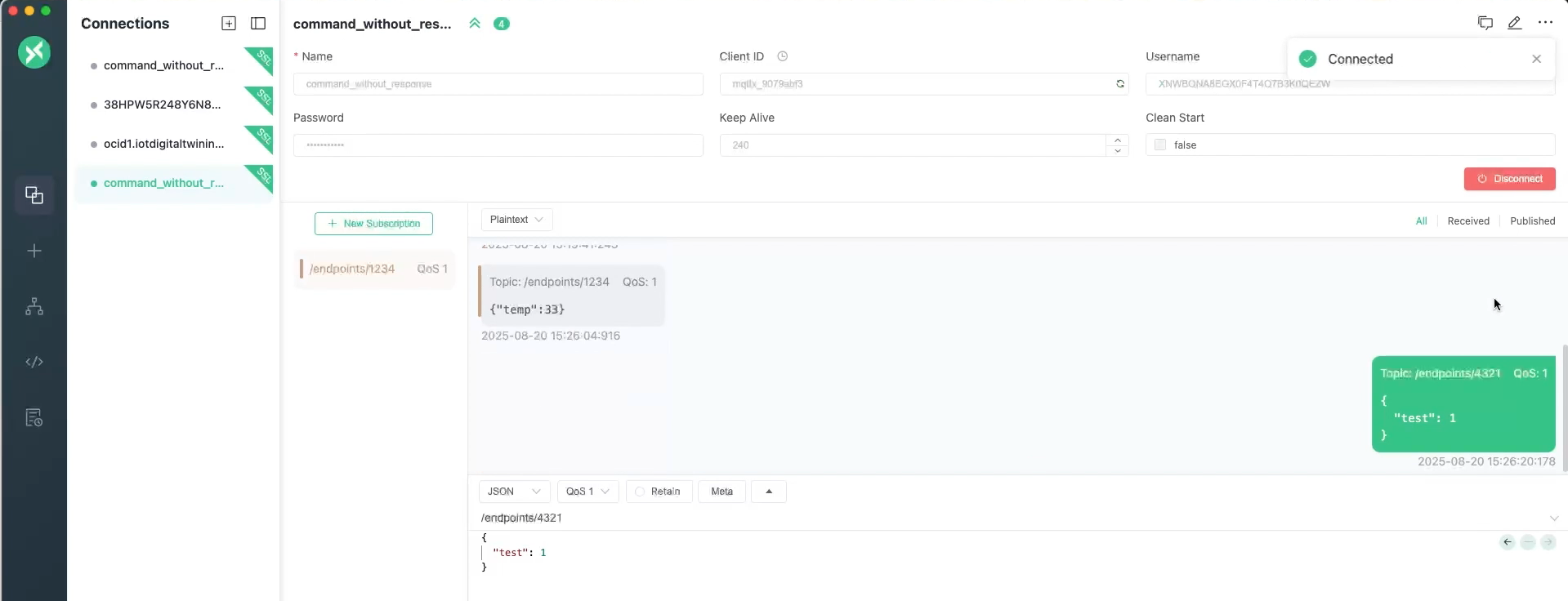 Em MQTTX, visualize os dados de resposta do comando.