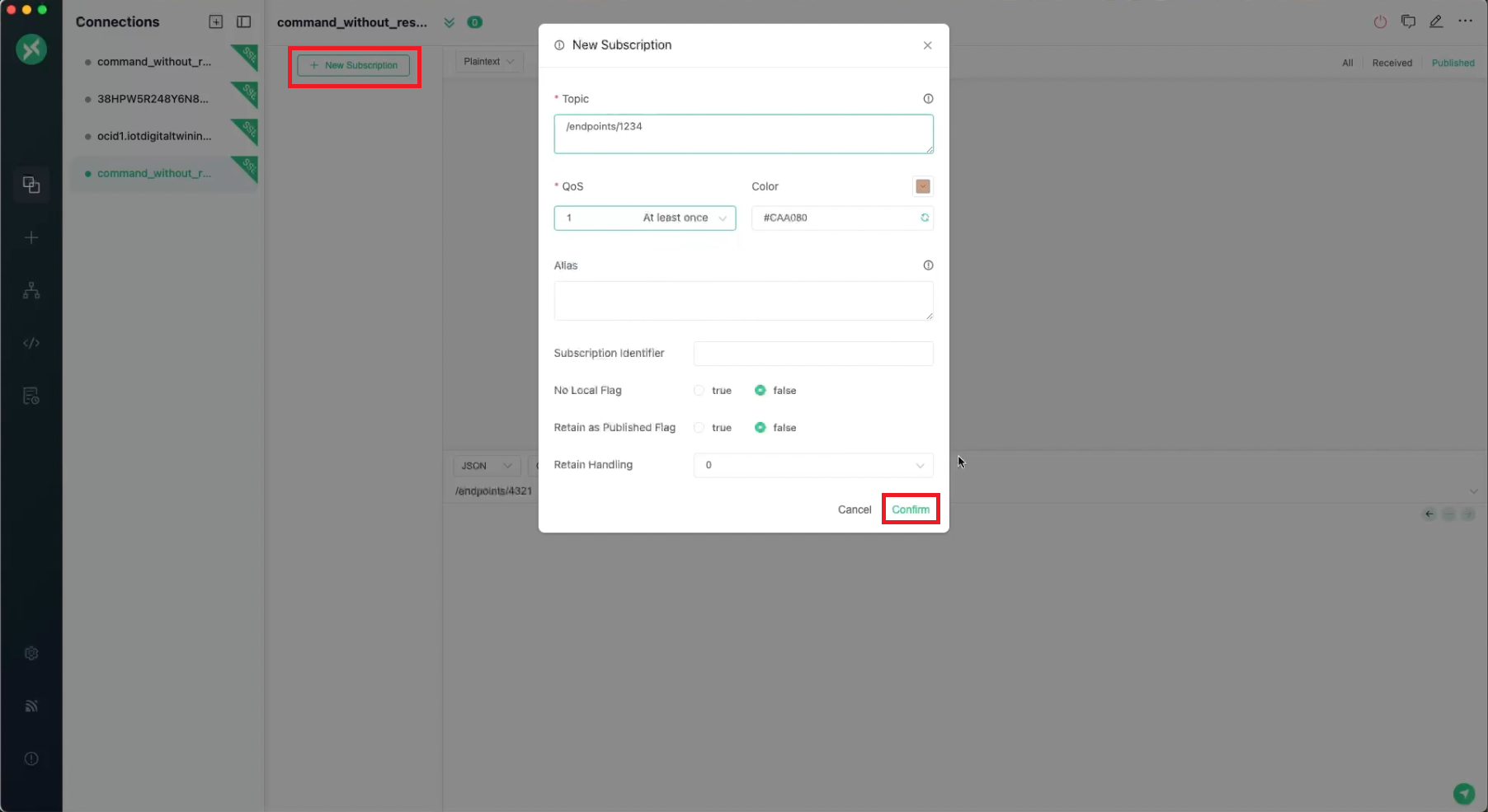 No MQTTX, insira o ponto como o tópico e confirme a assinatura.