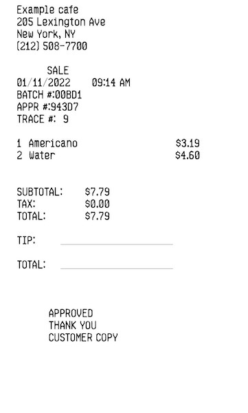 Recebimento de um café fictício, incluindo dois itens de linha, imposto, subtotal e valores totais.