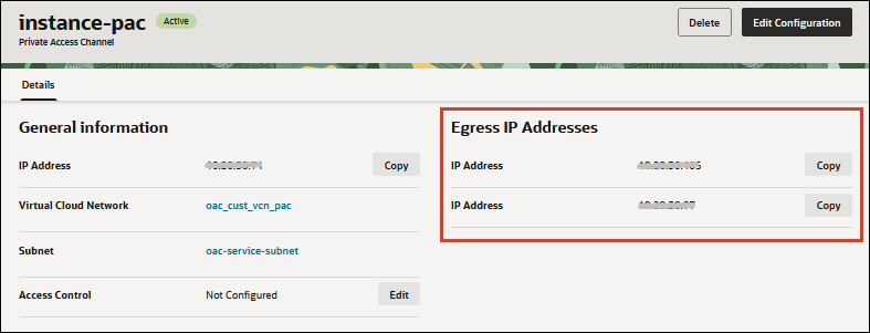 Segue a descrição da ilustração oac-console-ip-egress.jpg