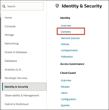 Categoria de Identidade e Segurança mostrando Domínios Categoria de Identidade e Segurança mostrando Domínios