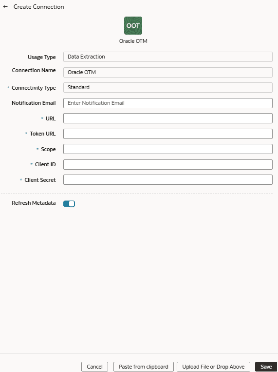 Criar conexão do Oracle Transportation Management Cloud Service