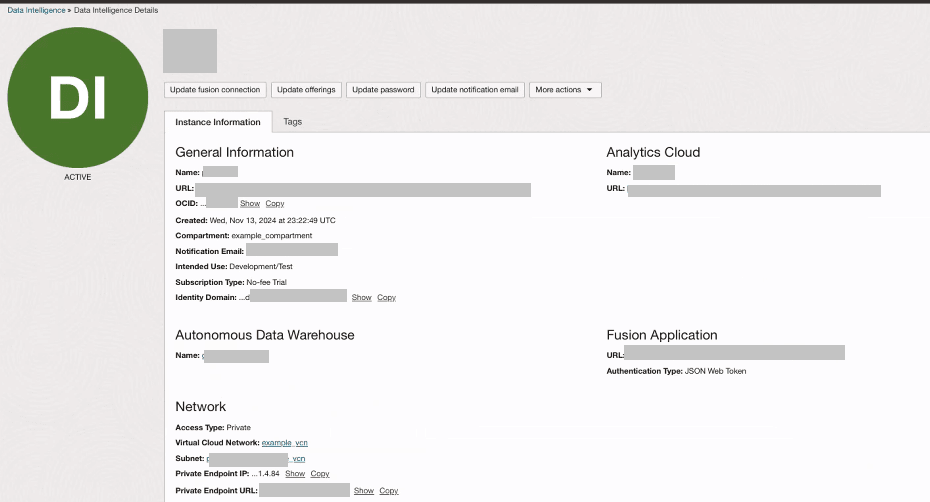 Instância do Oracle Fusion Data Intelligence com rede privada