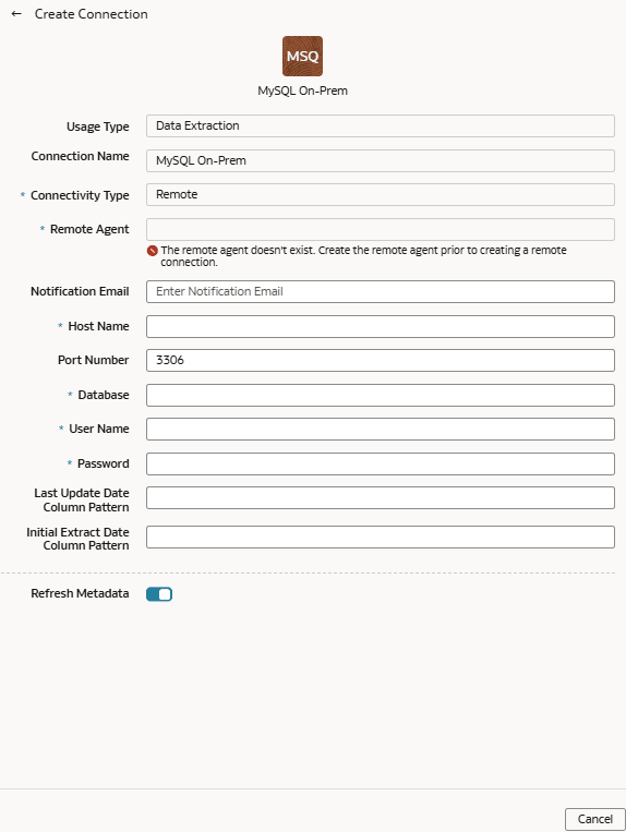 Caixa de diálogo Criar Conexão para MySQL On-Premises Caixa de diálogo Criar Conexão para MySQL On-Premises