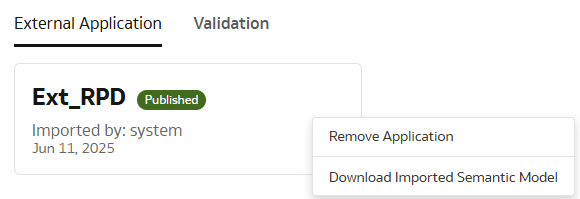 Opções disponíveis após a publicação de um aplicativo externo
