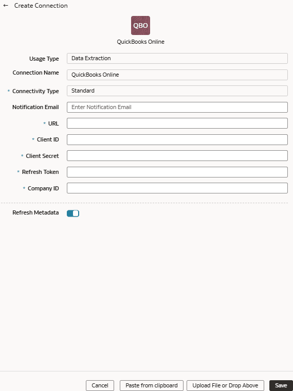 Caixa de diálogo Criar Conexão para QuickBooks On-line