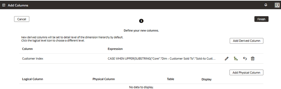 A página Adicionar Colunas exibindo o botão Finalizar
