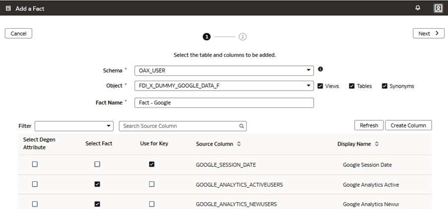 Etapa 1 do assistente na página Adicionar um Fato Etapa 1 do assistente na página Adicionar um Fato