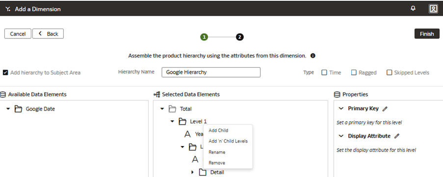 Etapa 2 do assistente na página Adicionar uma Dimensão exibindo como renomear os níveis e arrastar as colunas correspondentes para cada pasta de nível Etapa 2 do assistente na página Adicionar uma Dimensão exibindo como renomear os níveis e arrastar as colunas correspondentes para cada pasta de nível