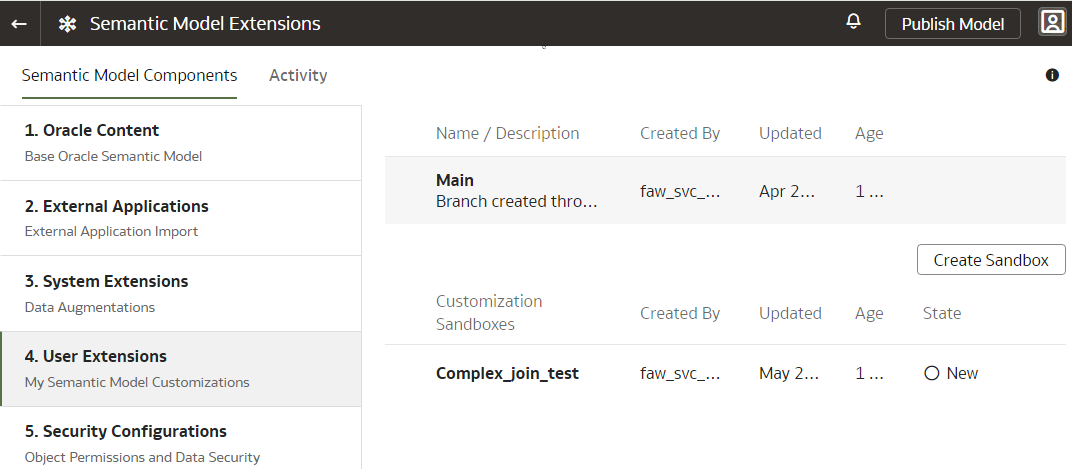 Opção Criar Sandbox