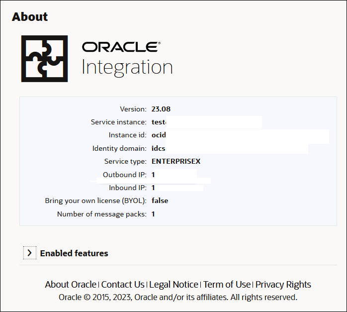 O menu Sobre do Oracle Integration mostra os campos Versão, Instância de Serviço, ID da Instância, Domínio de Identidades, Tipo de Serviço, IP de Saída, IP de Entrada, BYOL (Bring Your Own License) e Número de Pacotes de Mensagens.