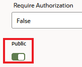 Esta é uma captura de tela de parte da página Configuração que mostra o campo Exigir Autorização e a chave Público.