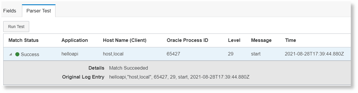 A guia de teste do parser no fluxo da IU de criação do parser de tipo delimitado