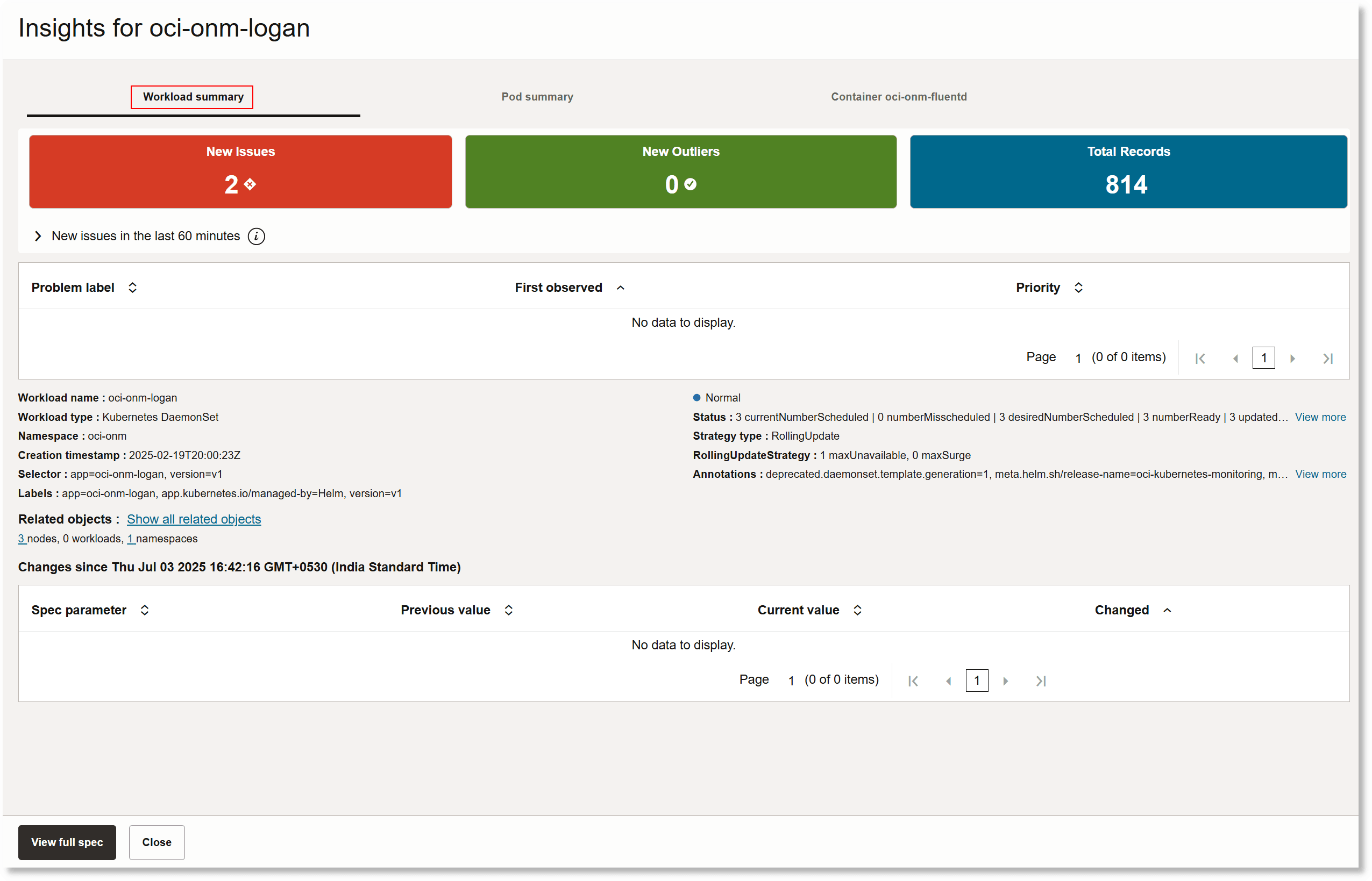 Caixa de diálogo Insights da carga de trabalho mostrando a guia de resumo da carga de trabalho